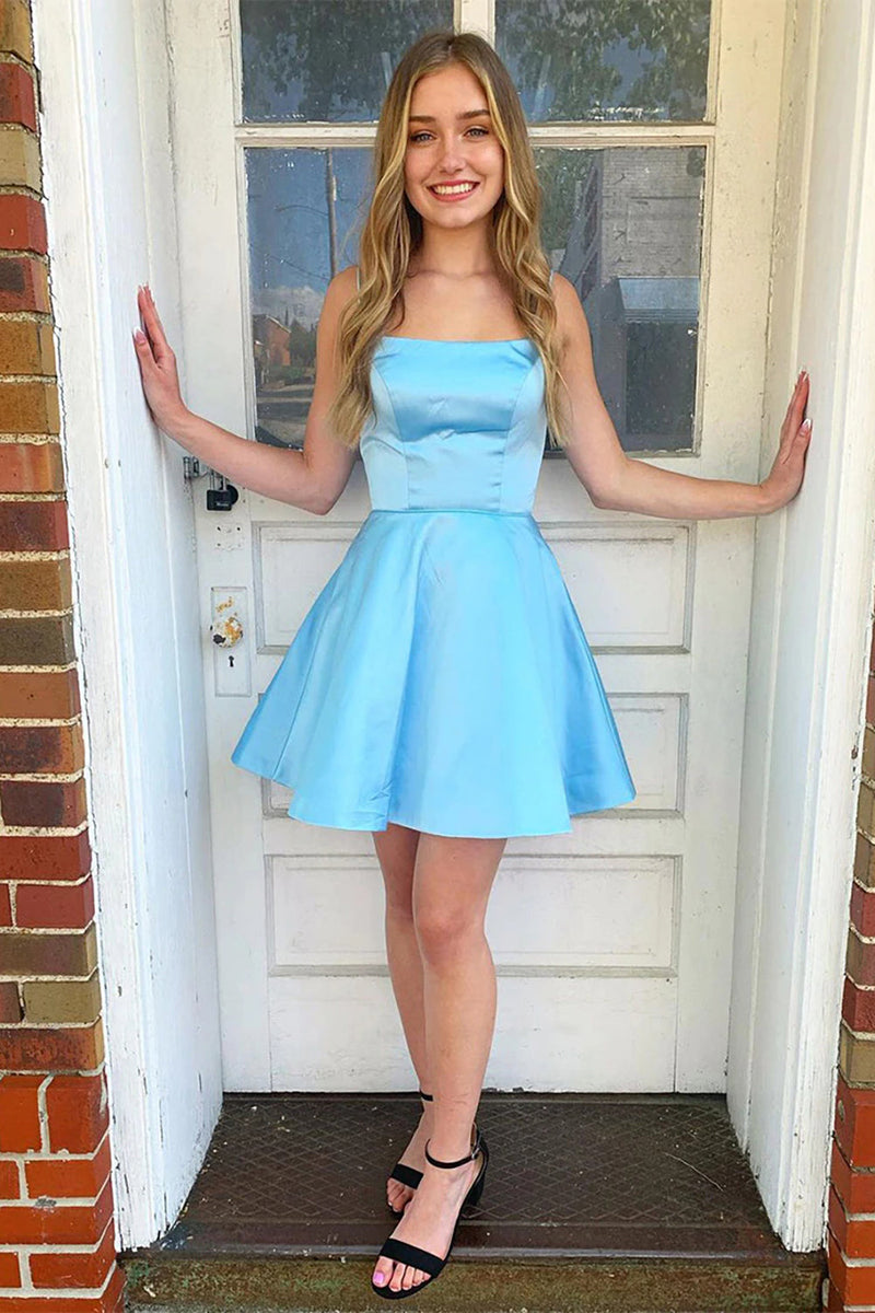Load image into Gallery viewer, Light Blue A Line Simple Homecoming dress