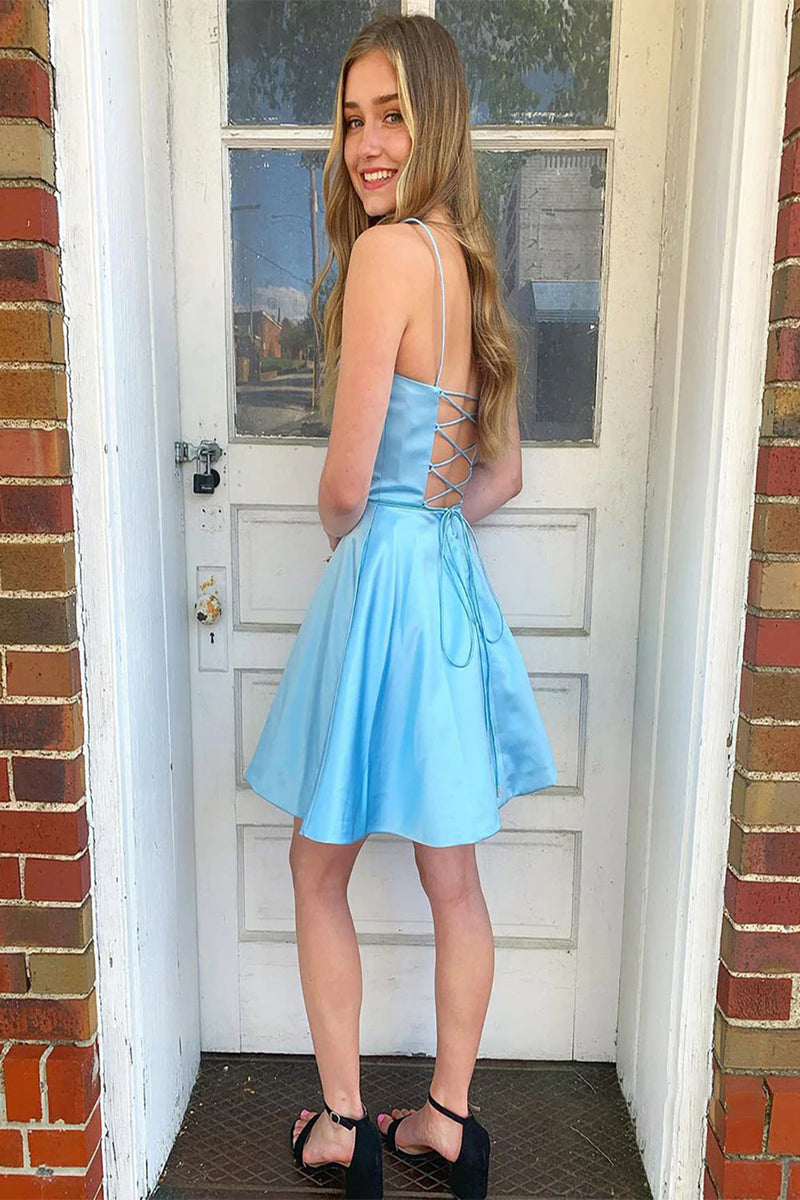Load image into Gallery viewer, Light Blue A Line Simple Homecoming dress