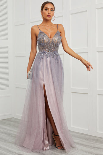 Spaghetti Straps Appliques Long Prom Dress with Split Front