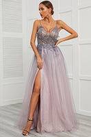 Load image into Gallery viewer, Spaghetti Straps Appliques Long Prom Dress with Split Front