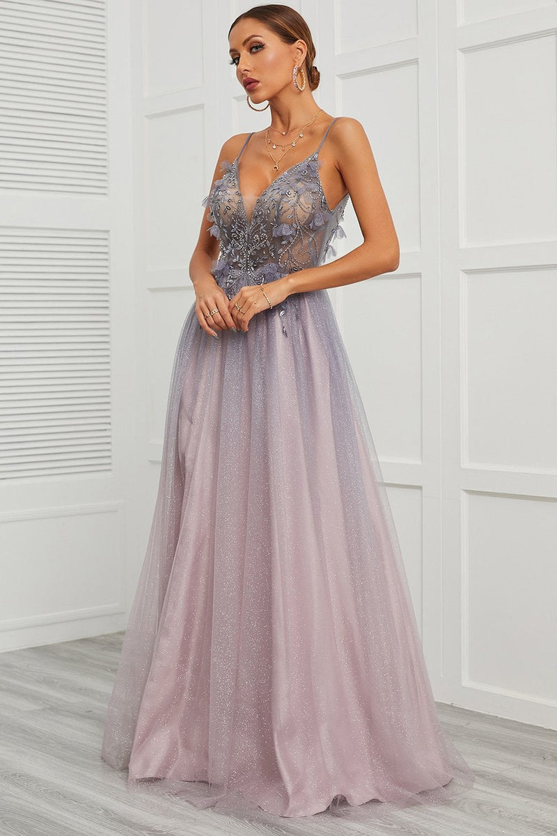 Load image into Gallery viewer, Spaghetti Straps Appliques Long Prom Dress with Split Front