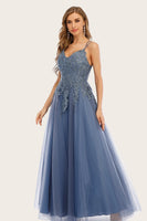 Load image into Gallery viewer, Dusty Blue Long Prom Dress with Lace