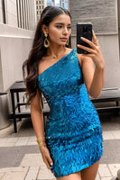 Load image into Gallery viewer, Glitter Royal Blue One Shoulder Sequins Tight Hoco Dress