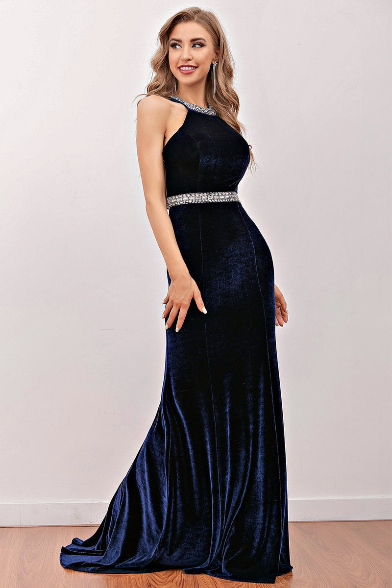 Load image into Gallery viewer, Navy Mermaid Velvet Long Prom Dress