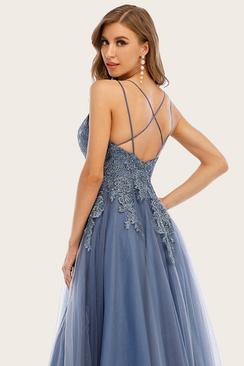 Dusty Blue Long Prom Dress with Lace