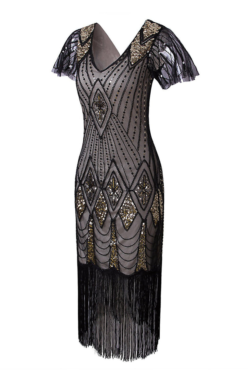 Load image into Gallery viewer, Black &amp; Gold Sequin Party Dress with Fringes