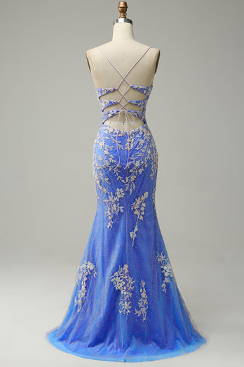 Light Blue Mermaid V Neck Long Prom Dress with Appliques Beading