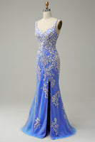Load image into Gallery viewer, Light Blue Mermaid V Neck Long Prom Dress with Appliques Beading