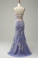 Load image into Gallery viewer, Light Blue Mermaid V Neck Long Prom Dress with Appliques Beading