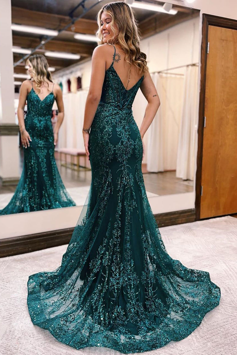 Load image into Gallery viewer, Sparkly Dark Green Mermaid Sequin Long Prom Dress