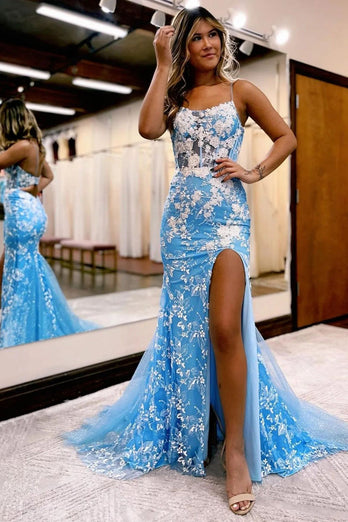 Mermaid Spaghetti Straps Blue Long Prom Dress with Appliques