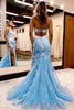 Load image into Gallery viewer, Mermaid Spaghetti Straps Blue Long Prom Dress with Appliques