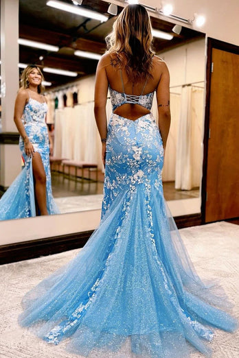 Mermaid Spaghetti Straps Blue Long Prom Dress with Appliques