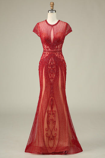 Luxurious Mermaid Jewel Neck Champagne Prom Dress with Beading