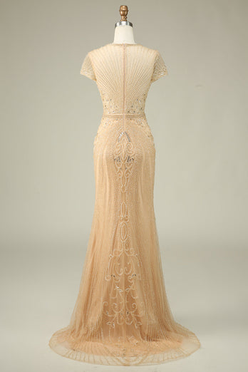 Luxurious Mermaid Jewel Neck Champagne Prom Dress with Beading