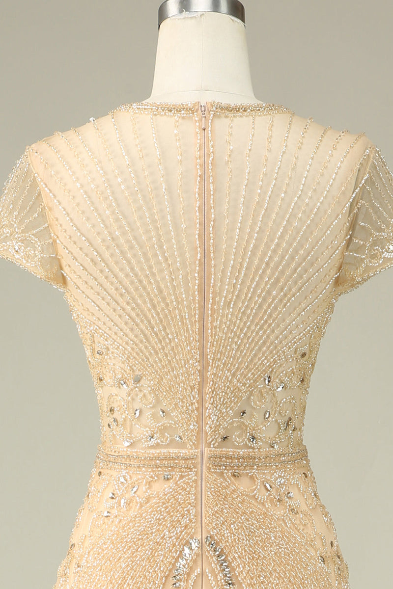 Load image into Gallery viewer, Luxurious Mermaid Jewel Neck Champagne Prom Dress with Beading