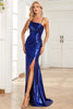 Load image into Gallery viewer, Mermaid Spaghetti Straps Navy Long Prom Dress with Split Front
