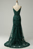 Load image into Gallery viewer, Green Spaghetti Straps Mermaid Corset Prom Dress with Appliques