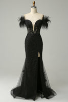Load image into Gallery viewer, Black Off the Shoulder Mermaid Prom Dress with Feathers