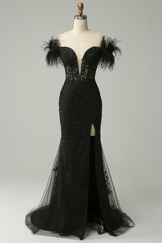 Black Off the Shoulder Mermaid Prom Dress with Feathers