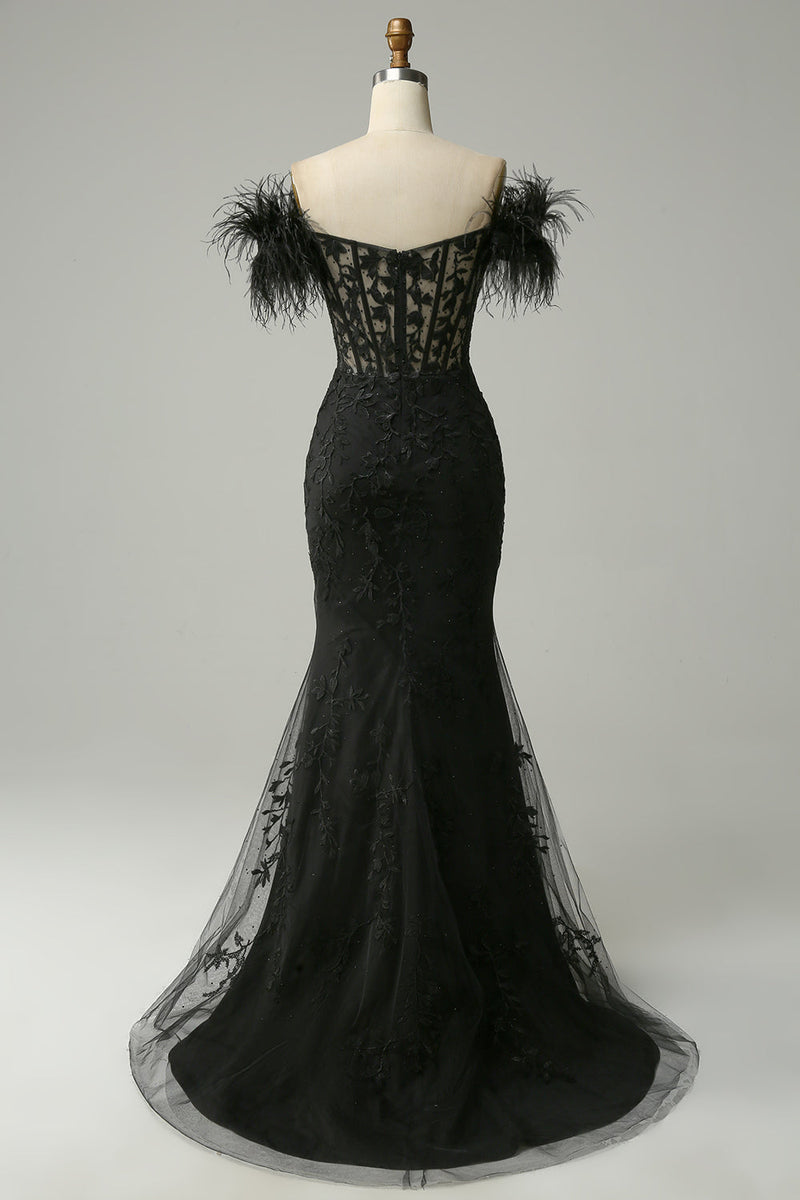 Load image into Gallery viewer, Off the Shoulder Black Mermaid Prom Dress with Feathers