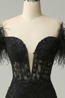 Load image into Gallery viewer, Black Off the Shoulder Mermaid Prom Dress with Feathers