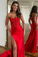 Load image into Gallery viewer, Mermaid Strapless Satin Corset Prom Dress with Slit
