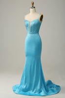 Load image into Gallery viewer, Blue Mermaid Spaghetti Straps Sparkly Corset Prom Dress with Beading