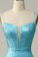 Load image into Gallery viewer, Blue Mermaid Spaghetti Straps Sparkly Corset Prom Dress with Beading