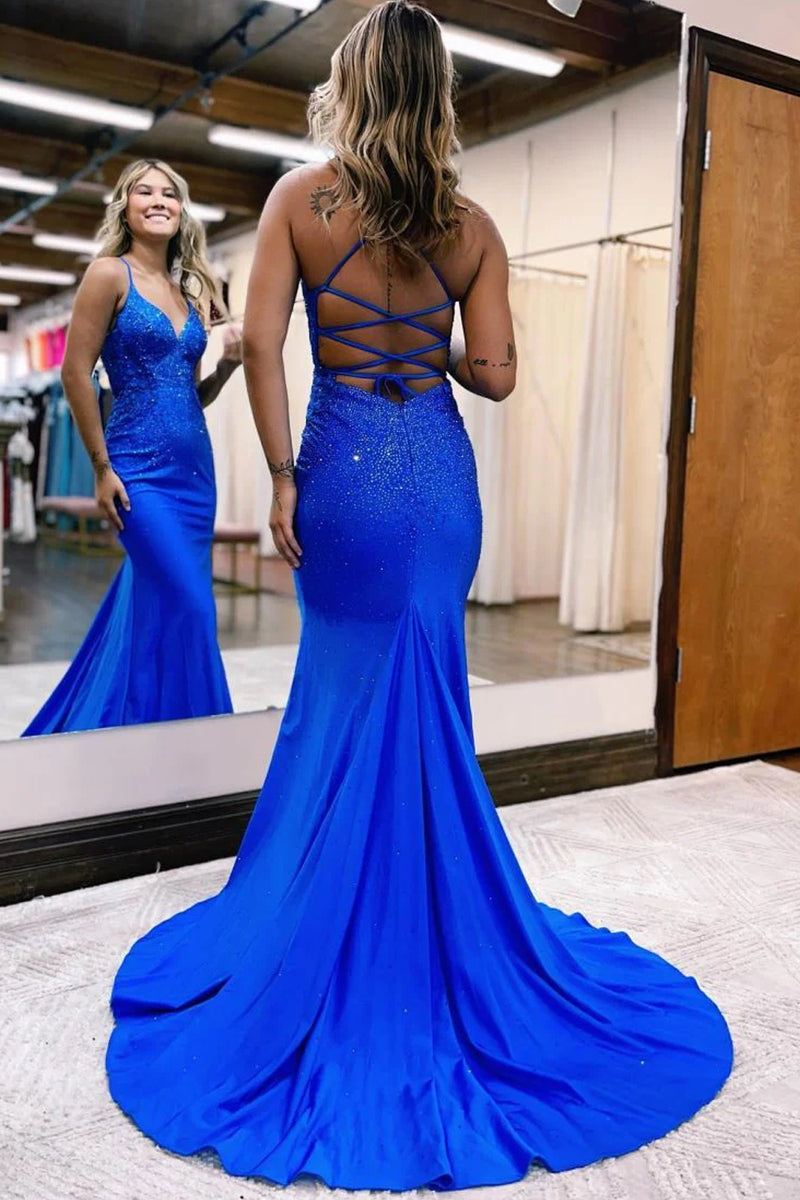 Load image into Gallery viewer, Royal Blue Mermaid Sparkly Prom Dress with Beading