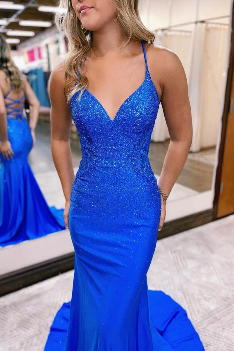 Load image into Gallery viewer, Royal Blue Mermaid Sparkly Prom Dress with Beading