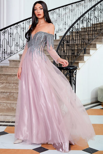 A Line Off the Shoulder Prom Dress with Beading