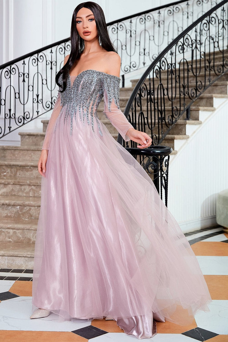Load image into Gallery viewer, A Line Off the Shoulder Prom Dress with Beading