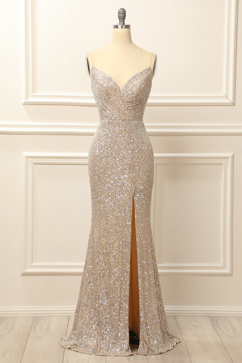 Load image into Gallery viewer, Silver Sequins Long Prom Dress with Slit