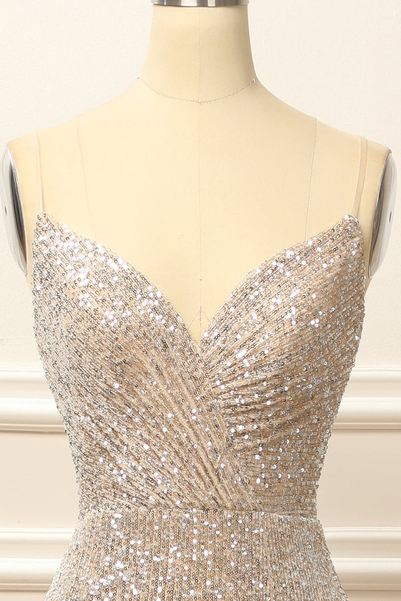 Load image into Gallery viewer, Silver Sequins Long Prom Dress with Slit