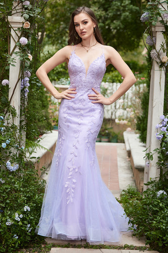 Mermaid Spaghetti Straps Purple Prom Dress With Appliques