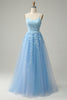 Load image into Gallery viewer, A Line Spaghetti Straps Long Blue Prom Dress with Appliques