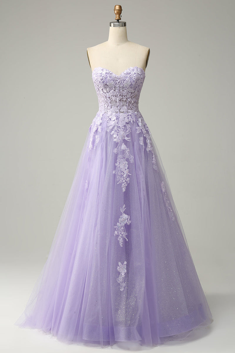 Load image into Gallery viewer, A Line Spaghetti Straps Long Purple Prom Dress with Appliques