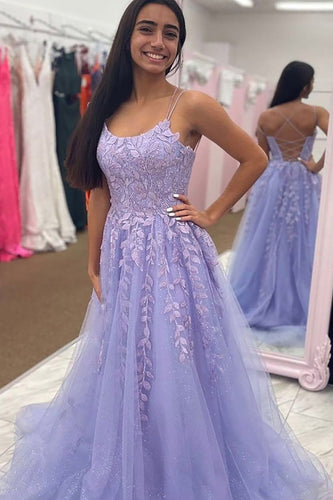 Lavender Tulle A Line Prom Dress with Appliques