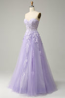 Load image into Gallery viewer, A Line Spaghetti Straps Long Purple Prom Dress with Appliques
