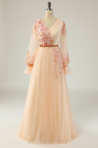 EleganT A Line V Neck Apricot Long Prom Dress with Appliques