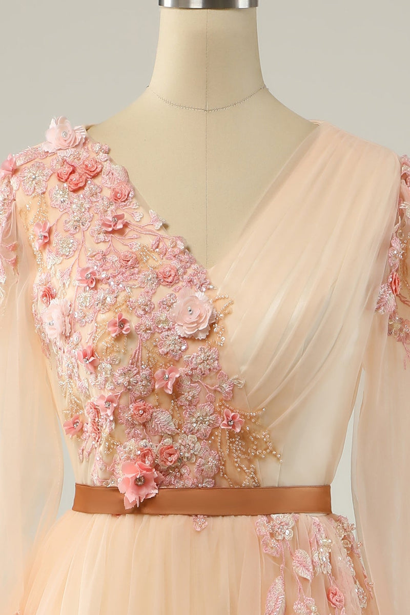 Load image into Gallery viewer, EleganT A Line V Neck Apricot Long Prom Dress with Appliques