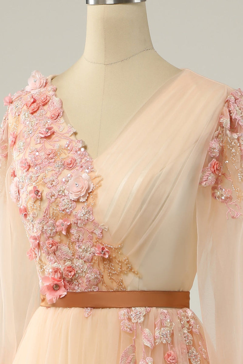 Load image into Gallery viewer, EleganT A Line V Neck Apricot Long Prom Dress with Appliques
