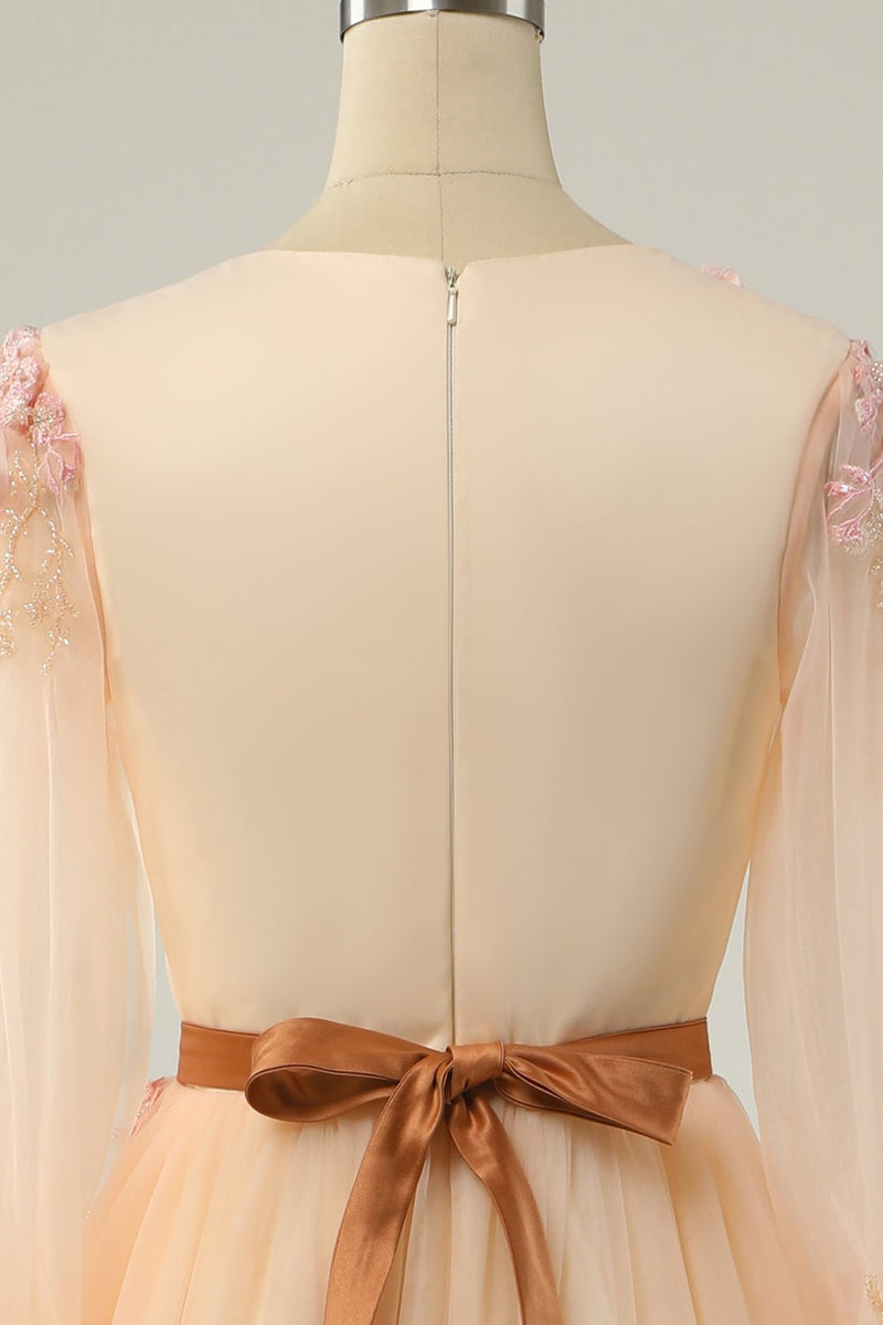 Load image into Gallery viewer, EleganT A Line V Neck Apricot Long Prom Dress with Appliques