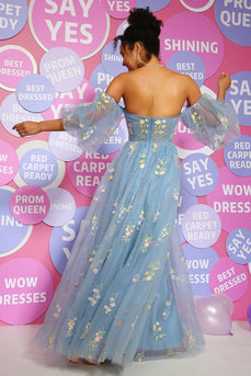 Blue Off The Shoulder Princess Prom Dress with Embroidery