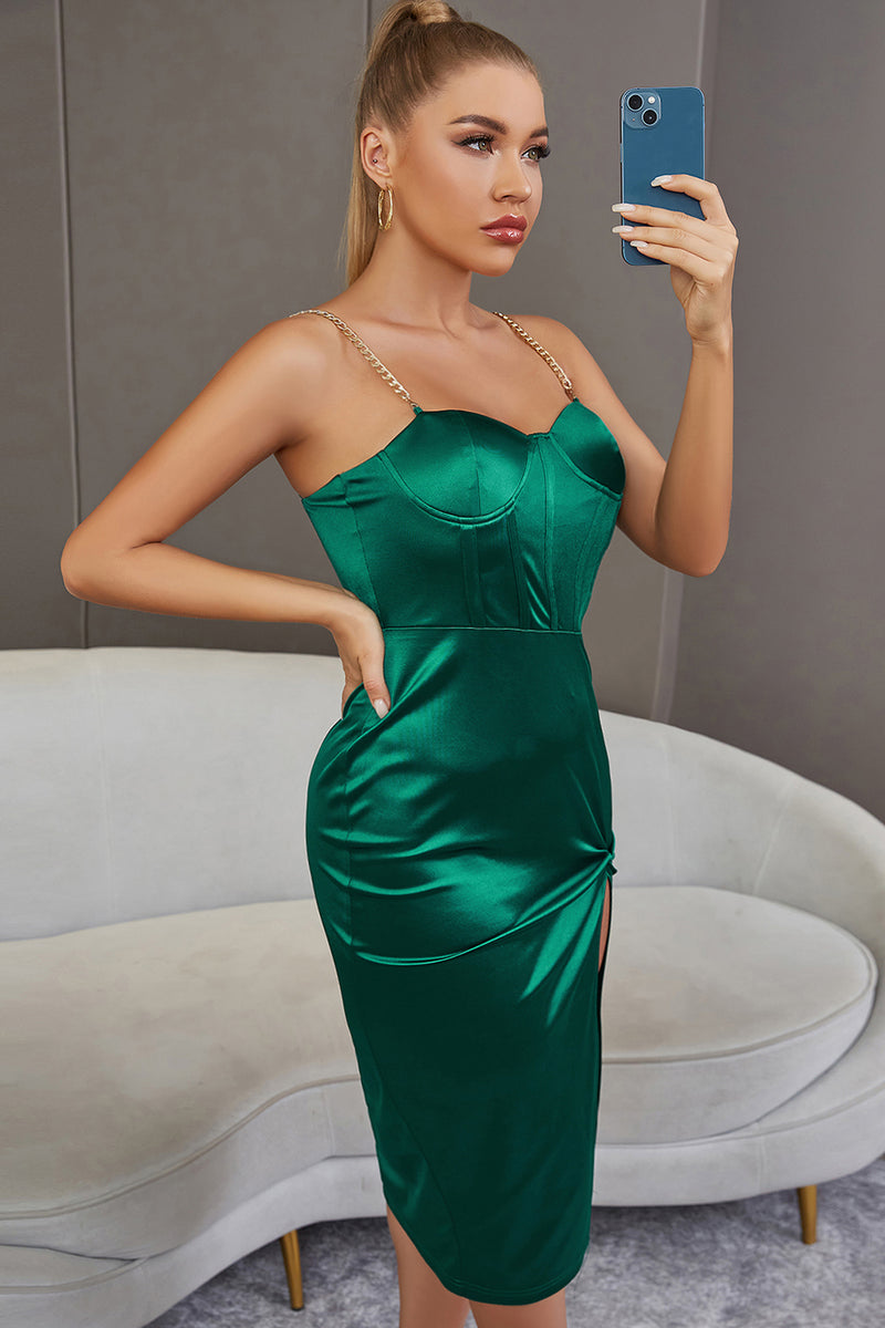 Load image into Gallery viewer, Green Spaghetti Straps Cocktail Party Dress with Slit