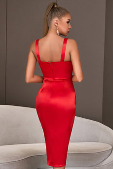 Red Straps Sleeveless Bodycon Party Dress with Slit