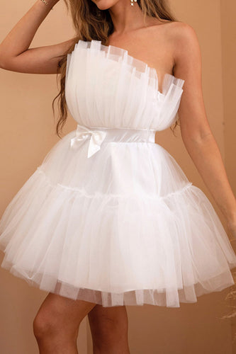 Tulle Strapless White Graduation Dress