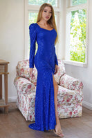 Load image into Gallery viewer, Sparkly Long Sleeves Sequins Royal Blue Evening Party Dress with Slit