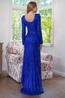 Load image into Gallery viewer, Sparkly Long Sleeves Sequins Royal Blue Evening Party Dress with Slit